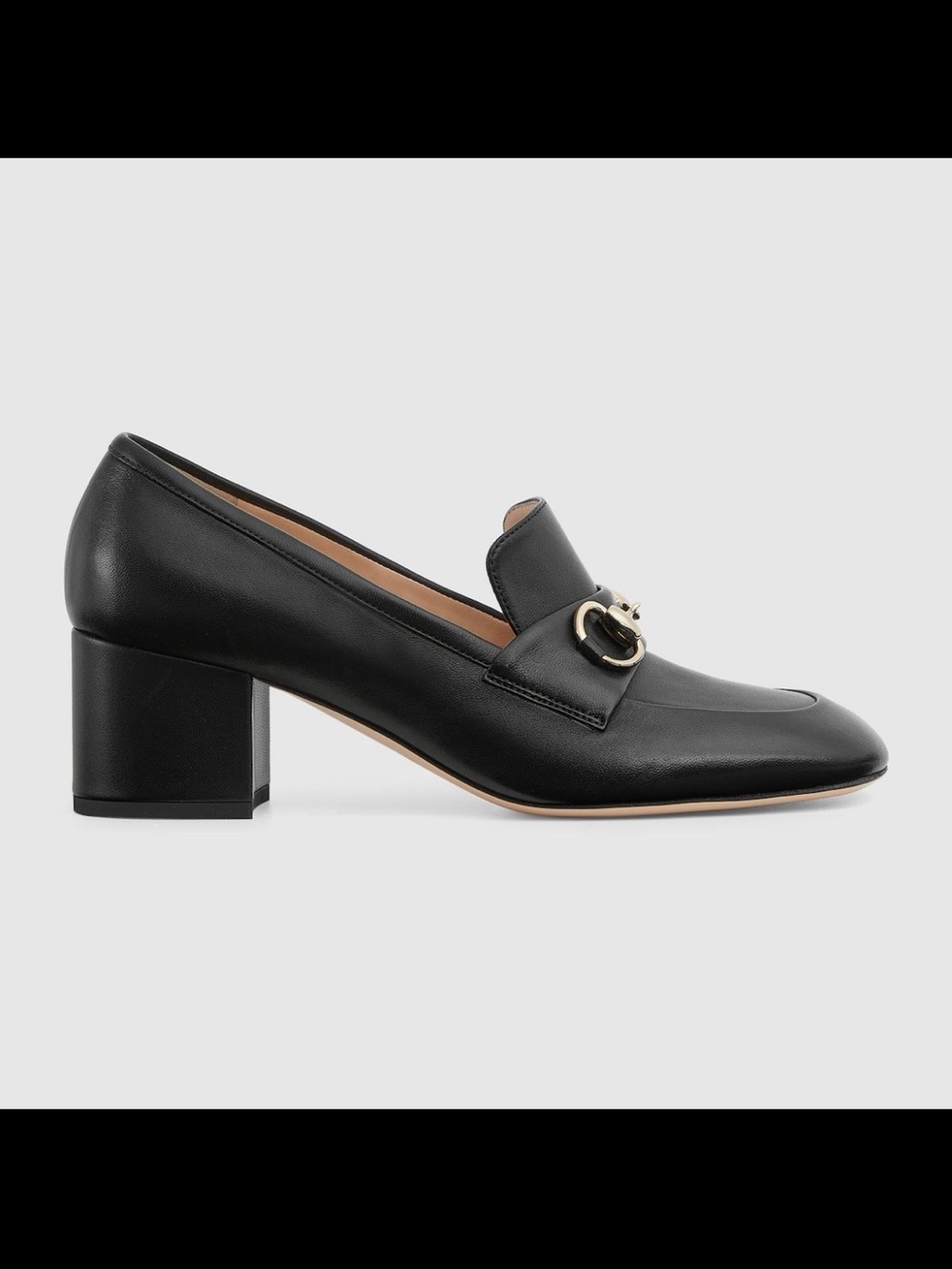 Gucci Black Leather Mid Block Heel Loafers with Gold Horsebit - Picture 2 of 5